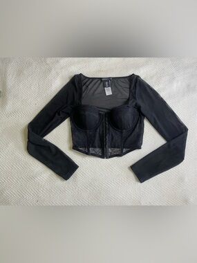 Sincerly Jules Black Sheer Mesh Top with Branded Neckline